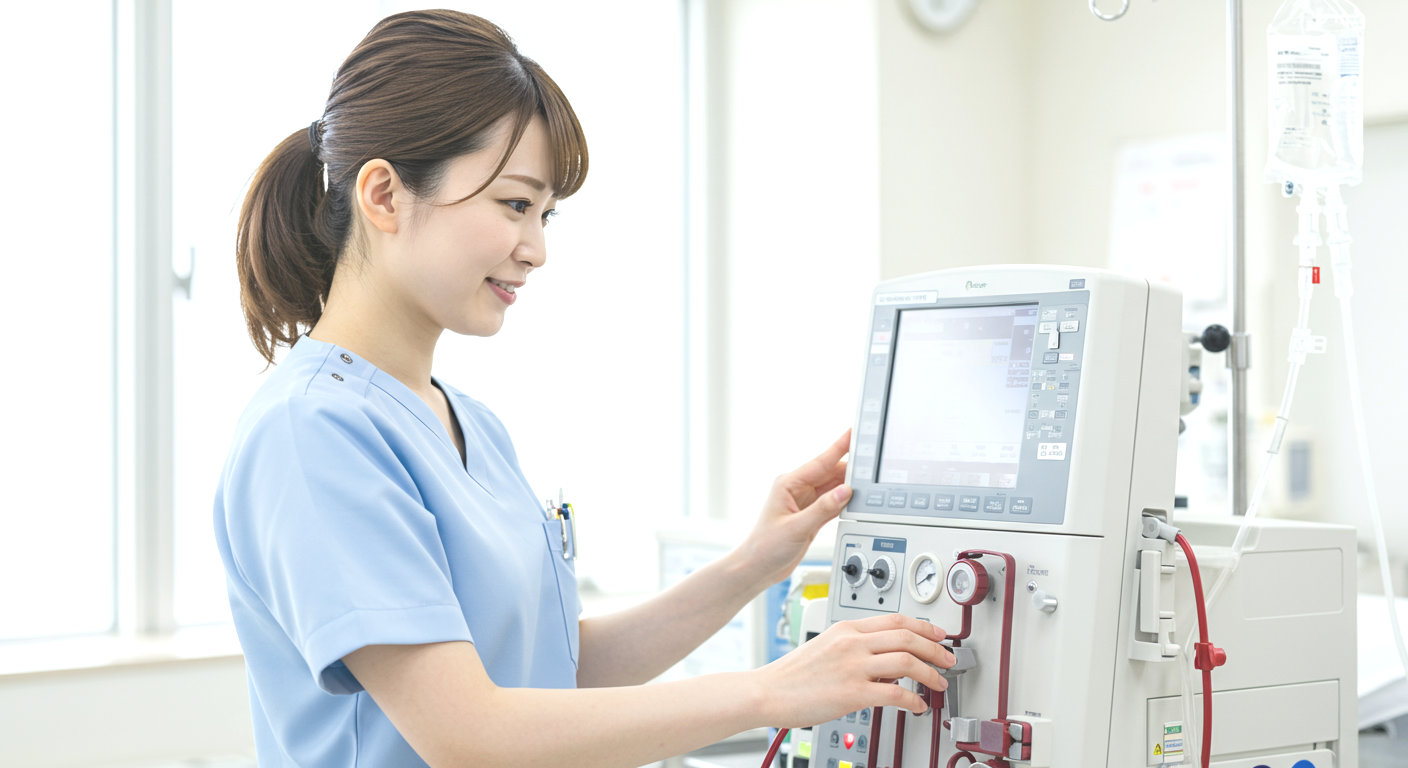 医療スタッフが透析コンソールの画面を確認している様子